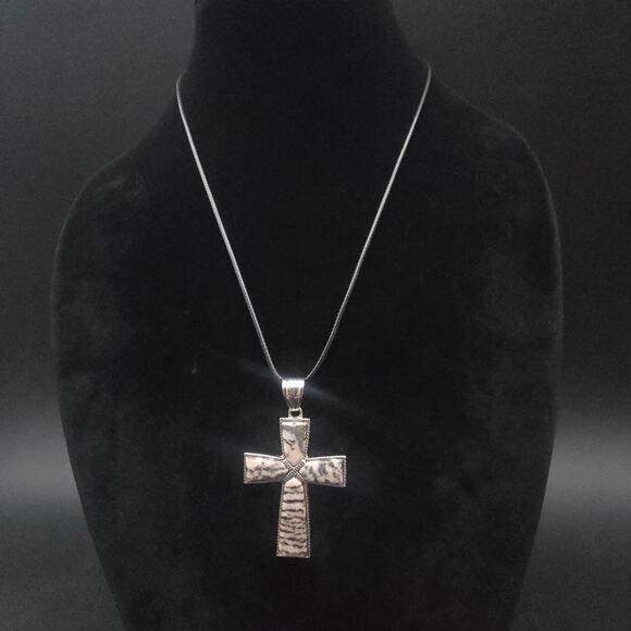 Pink Zebra Jasper Cross Pendant Necklace on Black Cord - Picture 7 of 10